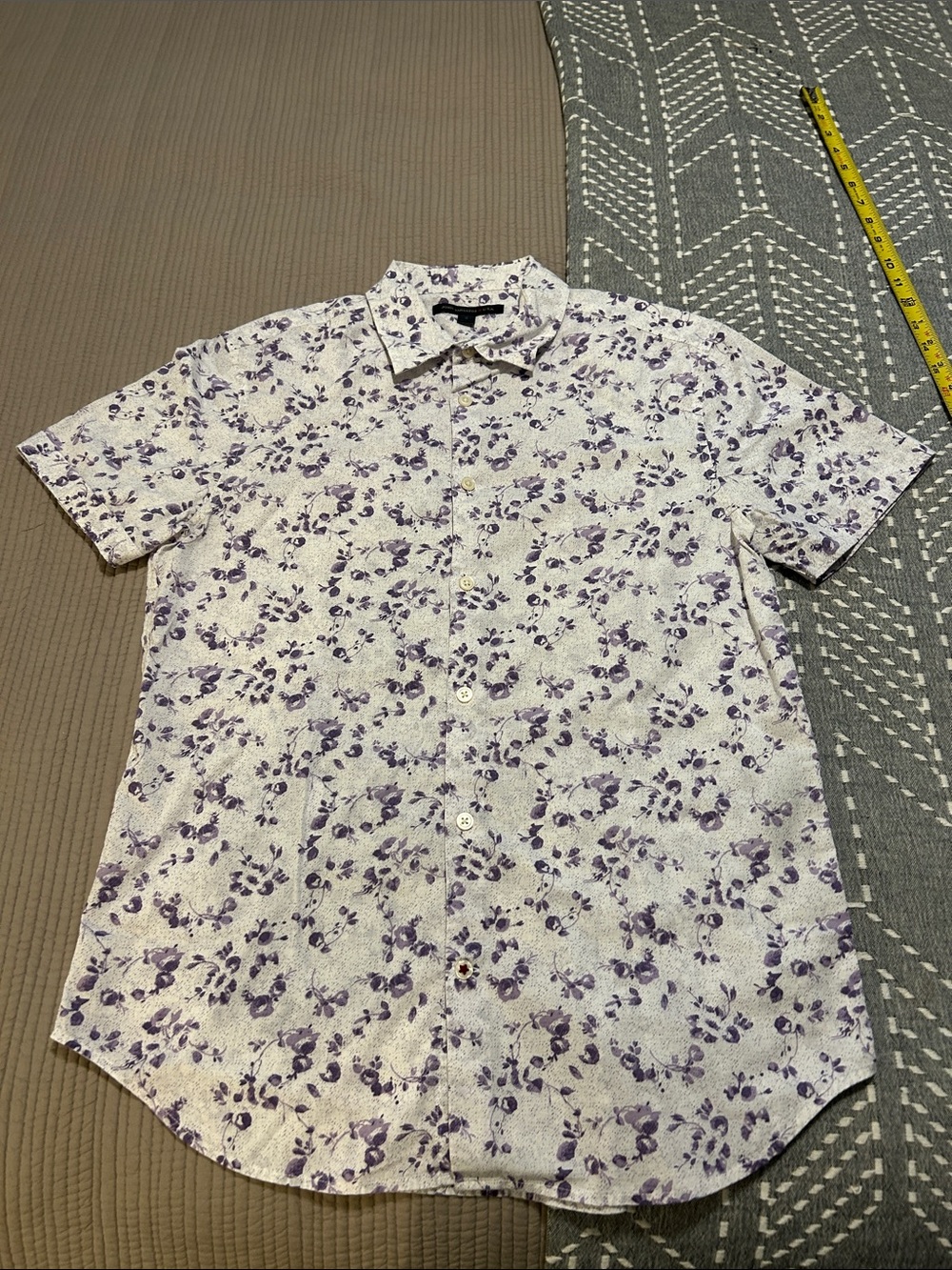 John Varvatos White Short-Sleeve Button-Up with Purple Floral Print